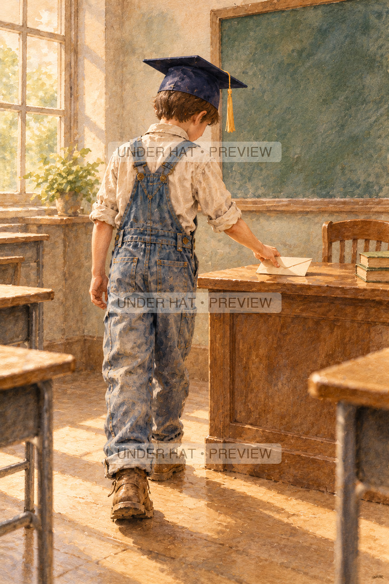 A boy in a graduation cap leaves a sealed envelope on a teacher desk in a quiet sunlit classroom. (UH-TL-GSG-M-04) — watermarked digital art preview