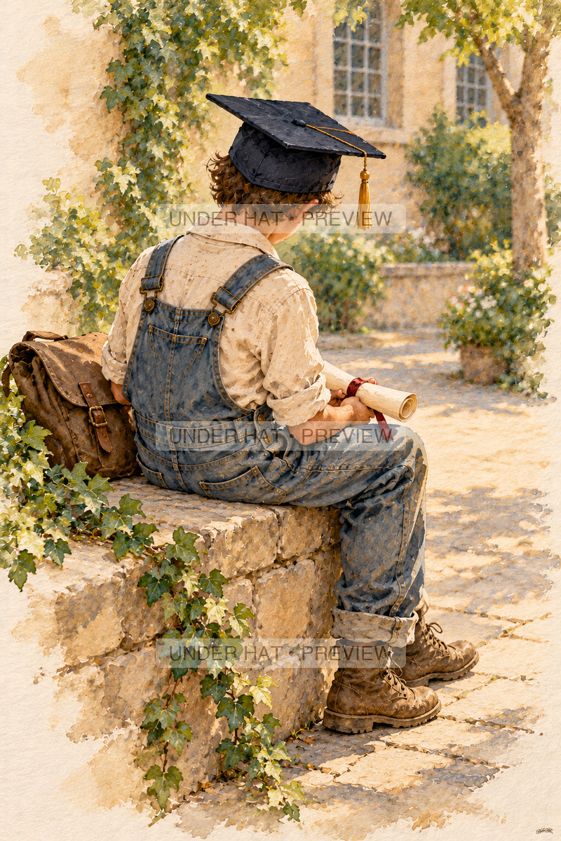 A boy in a graduation cap sits on a low stone courtyard wall, holding a rolled certificate across his knees with a satchel beside him. (UH-TL-GSG-M-05) — watermarked digital art preview