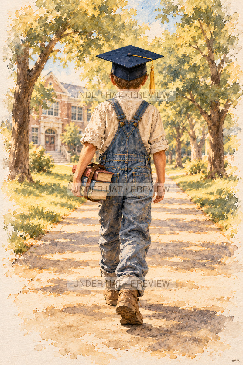 A boy in a graduation cap walks away along a tree-lined school path carrying books bound with a strap. (UH-TL-GSG-M-06) — watermarked digital art preview