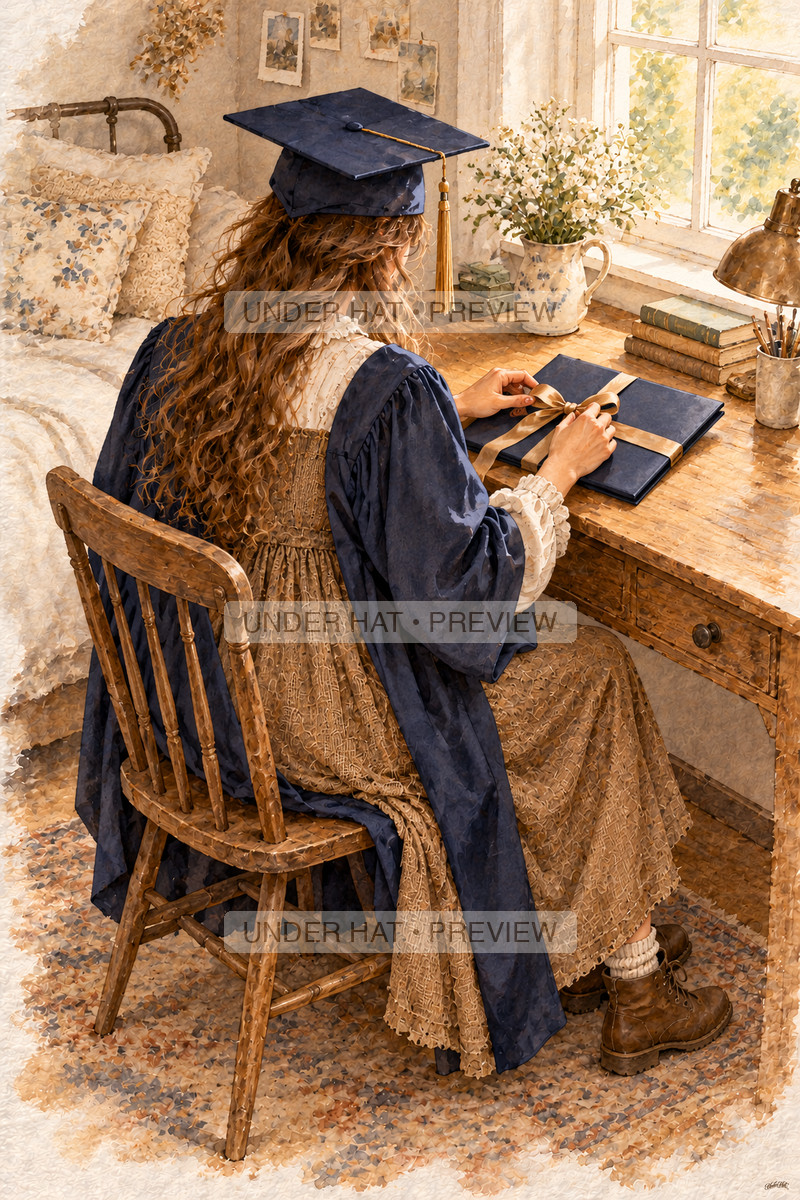 Viewed over her shoulder, a young woman in a graduation cap and gown ties a gold ribbon around a diploma cover at her bedroom desk. (UH-TL-HSG-F-01) — watermarked digital art preview