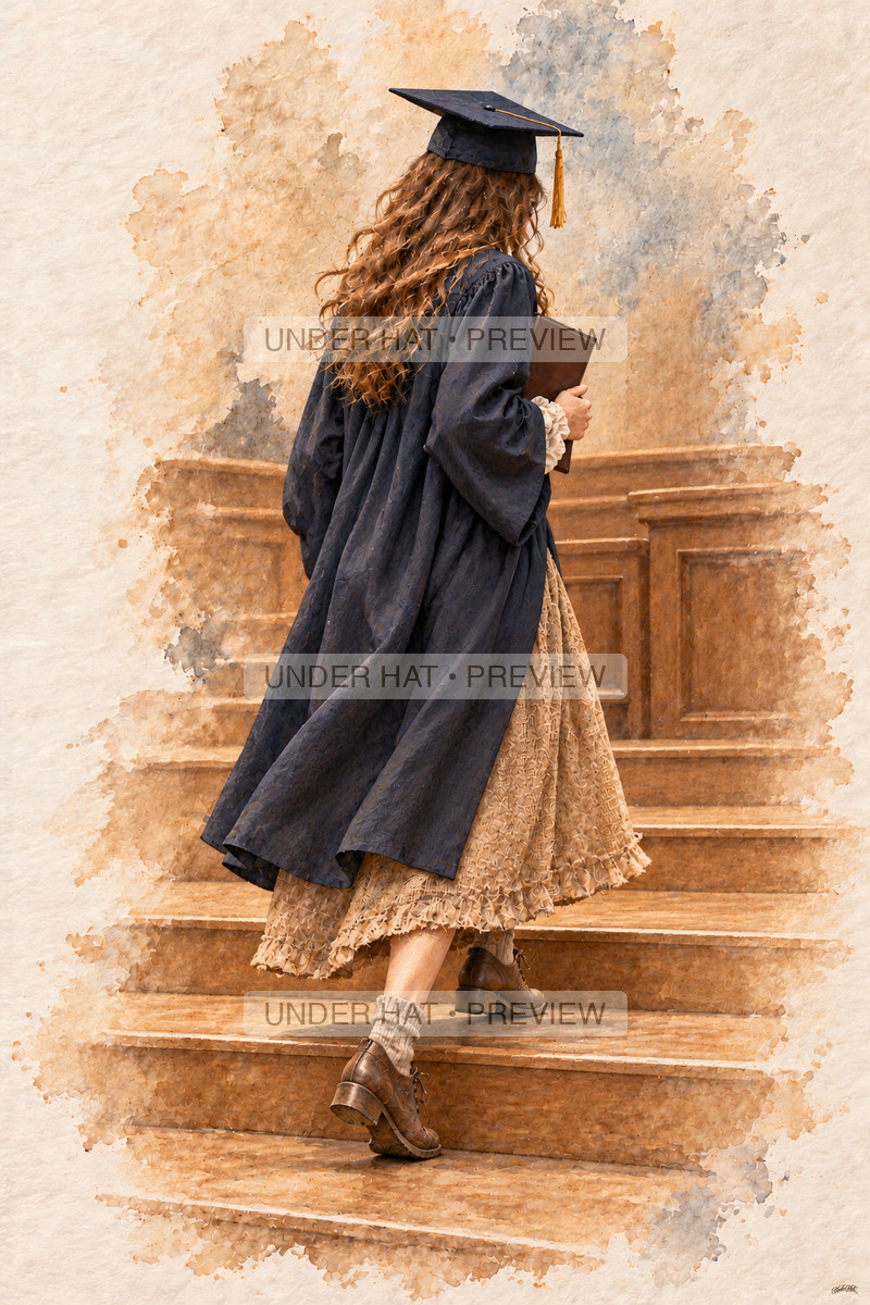 A young woman in a graduation cap and long gown takes a careful step on broad wooden auditorium stairs while holding a diploma cover. (UH-TL-HSG-F-02) — watermarked digital art preview
