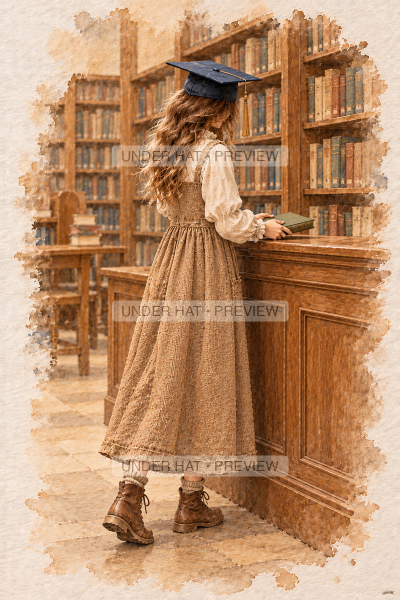 A young woman in a graduation cap and long brown dress returns a book at a wooden school library counter. (UH-TL-HSG-F-03) — watermarked digital art preview