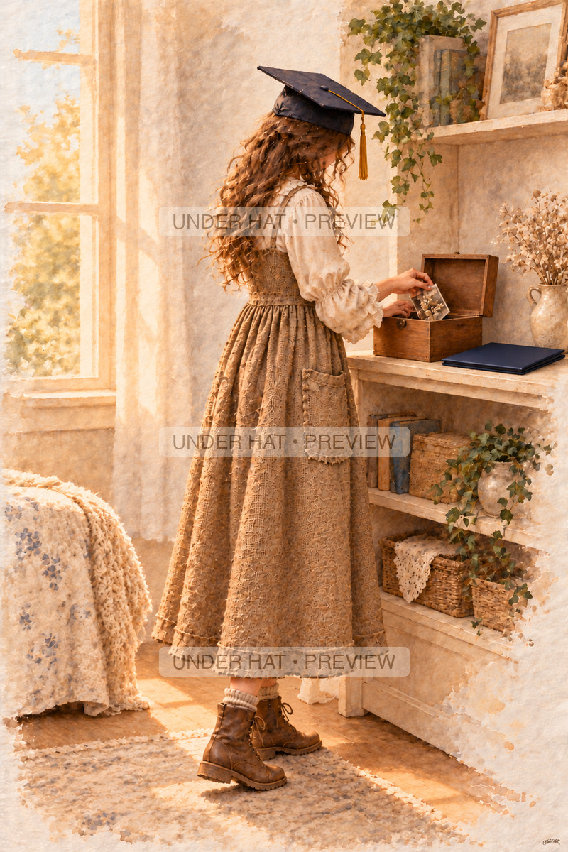 A young woman in a graduation cap places a photograph into an open memory box beside a plain navy diploma folder. (UH-TL-HSG-F-04) — watermarked digital art preview