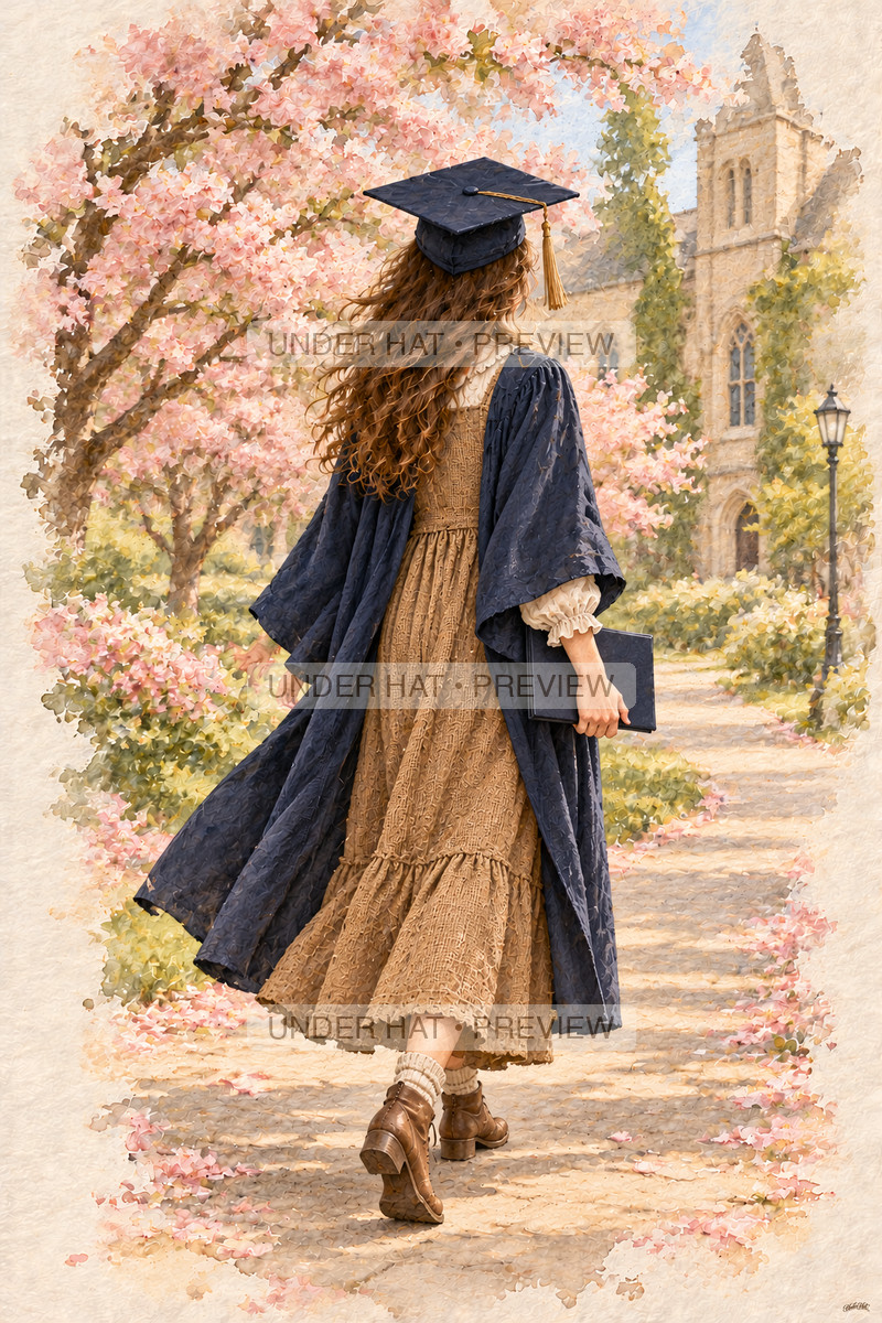 A young woman in a navy graduation cap and gown walks under pink flowering campus trees, carrying a closed diploma cover. (UH-TL-HSG-F-05) — watermarked digital art preview