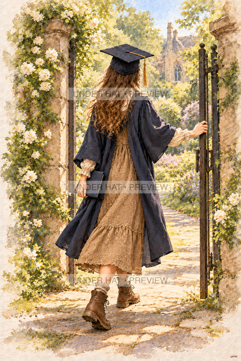 A young woman in a graduation cap and long gown opens a flower-lined garden gate toward a sunlit path, diploma cover in hand. (UH-TL-HSG-F-06) — watermarked digital art preview