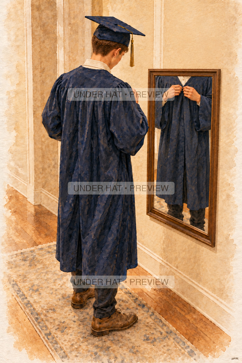 Seen from behind, a young man in a graduation cap fastens his navy gown before a hallway mirror that reflects his hands and torso. (UH-TL-HSG-M-01) — watermarked digital art preview