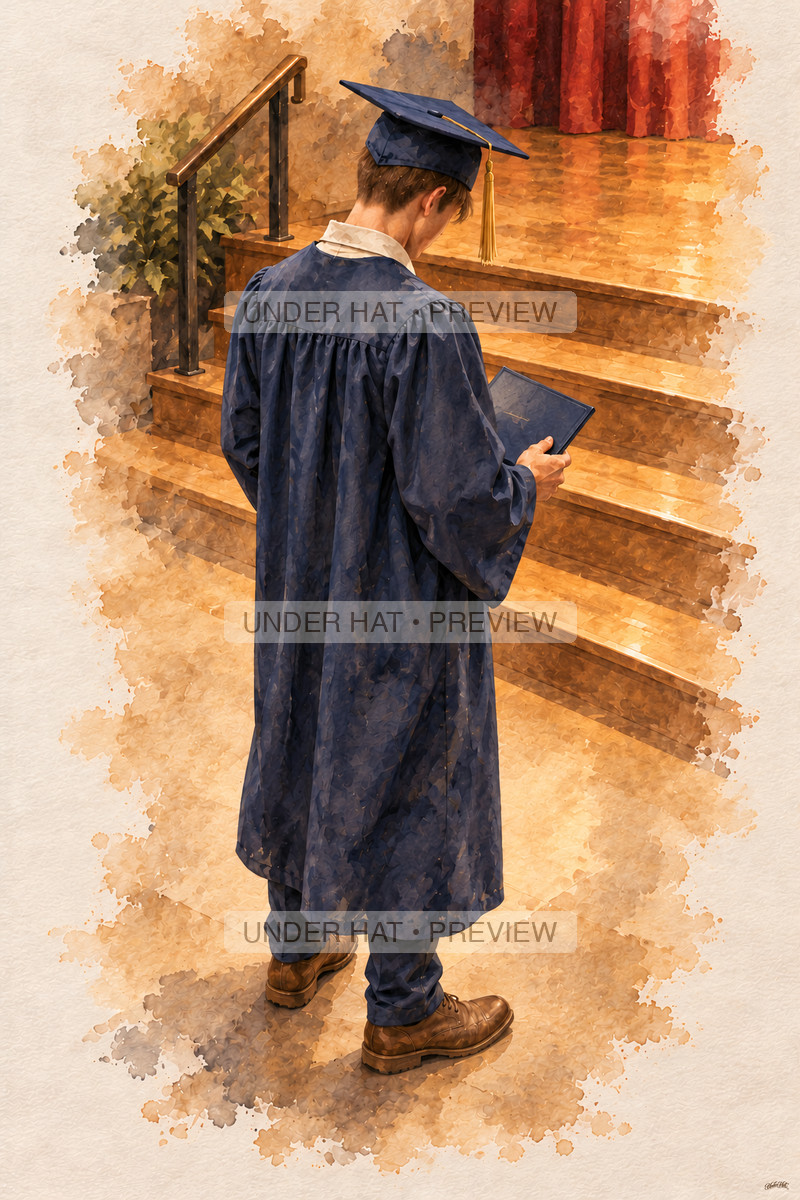 A young man in a navy graduation cap and gown examines a closed diploma cover beside wooden auditorium steps. (UH-TL-HSG-M-02) — watermarked digital art preview