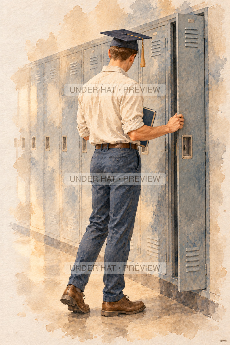 A young man in a graduation cap closes his school locker while holding one textbook under his arm. (UH-TL-HSG-M-03) — watermarked digital art preview