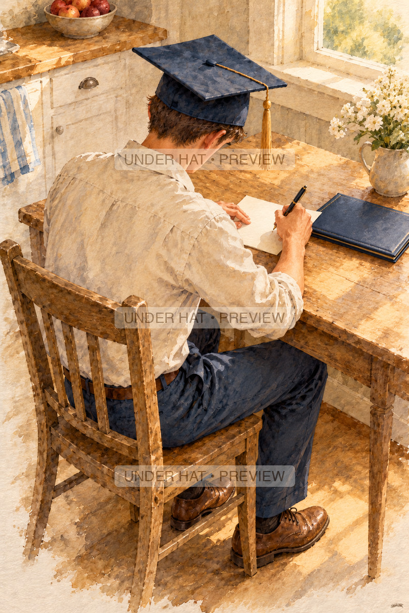 Viewed over his shoulder, a young man in a graduation cap writes a note at a kitchen desk beside his closed diploma cover. (UH-TL-HSG-M-04) — watermarked digital art preview