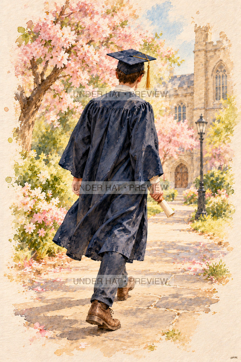 A young man in a navy graduation cap and gown walks beneath pink flowering campus trees with a rolled diploma in one hand. (UH-TL-HSG-M-05) — watermarked digital art preview