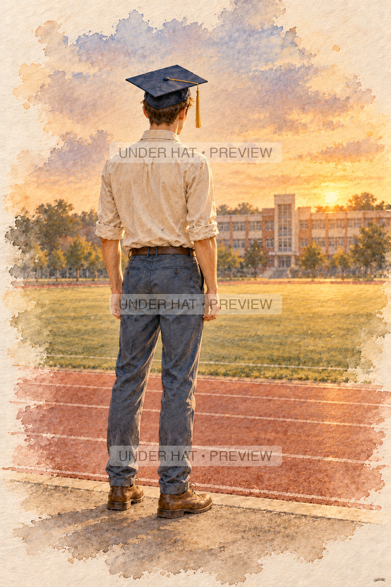 A young man in a graduation cap stands at the edge of an empty school playing field, facing the school in warm evening light. (UH-TL-HSG-M-06) — watermarked digital art preview