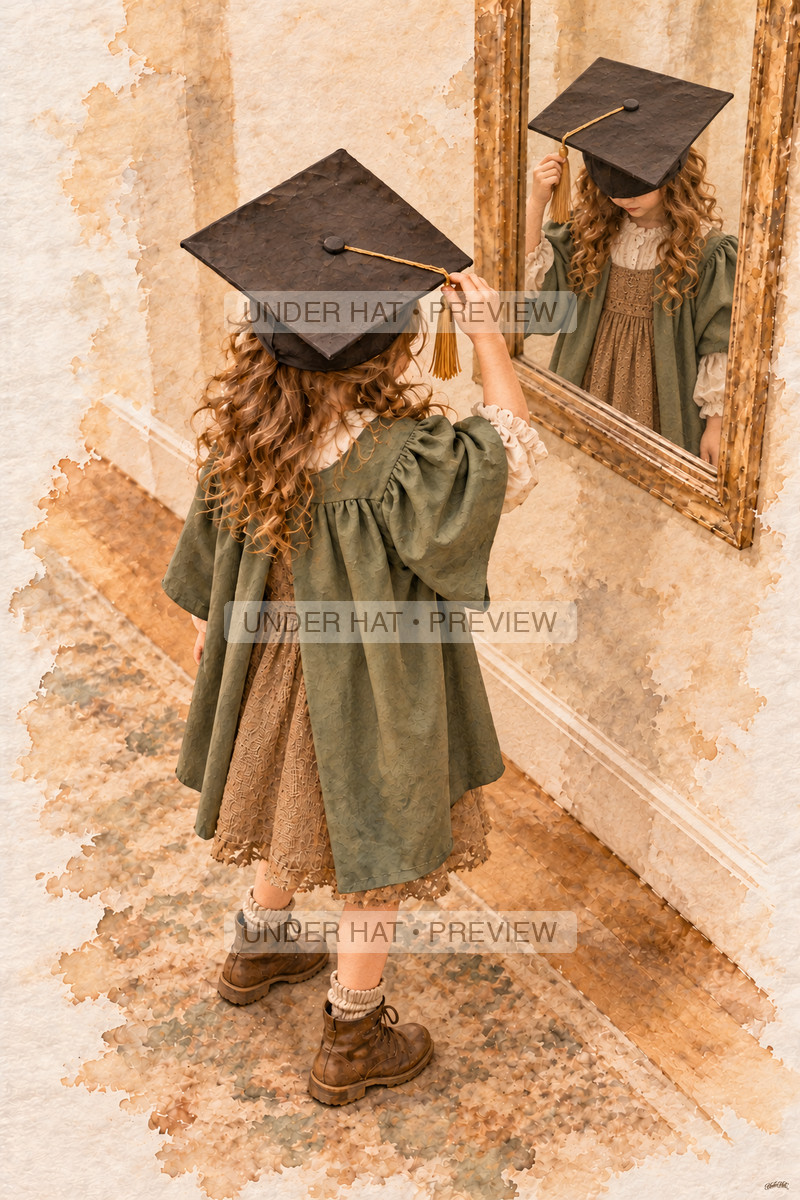A little girl in a square graduation cap and sage gown adjusts her tassel at a hallway mirror; her bowed cap conceals her eyes in the reflection. (UH-TL-KGR-F-01) — watermarked digital art preview