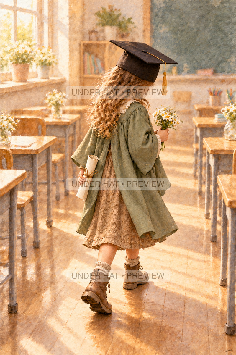 A little girl in a square graduation cap and sage gown walks down a classroom aisle with daisies and a rolled certificate. (UH-TL-KGR-F-02) — watermarked digital art preview