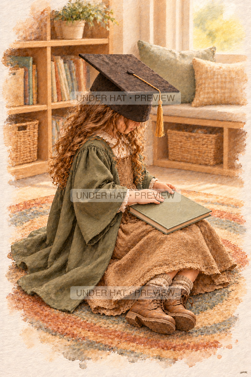 A little girl in a square graduation cap and sage gown sits on a reading rug, closing a clothbound picture book on her long skirt. (UH-TL-KGR-F-03) — watermarked digital art preview