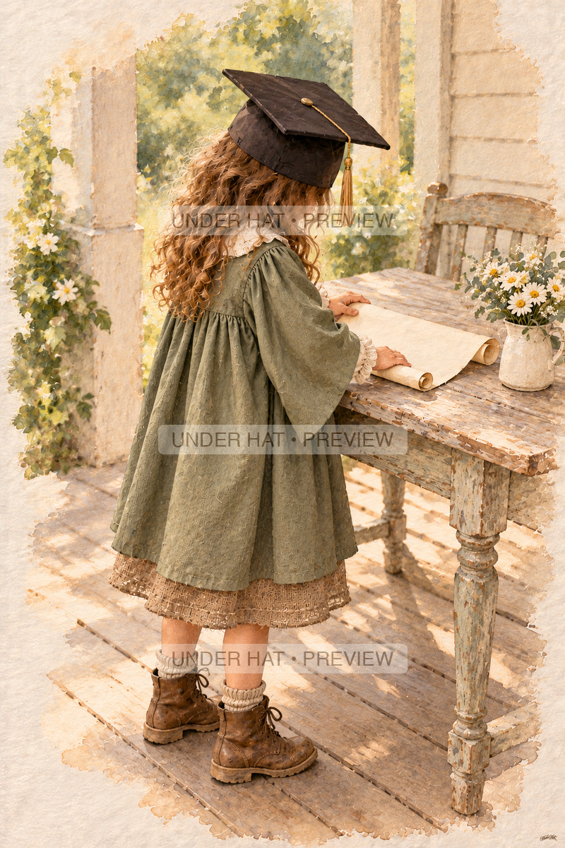 Seen from behind, a little girl in a square graduation cap unrolls a certificate on a porch table beside a small jug of daisies. (UH-TL-KGR-F-04) — watermarked digital art preview