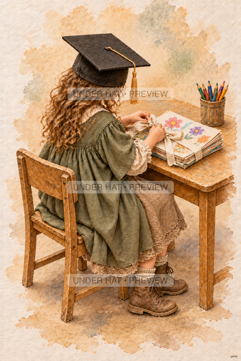 A little girl in a square graduation cap and sage gown sits at a classroom desk, tying a ribbon around a stack of flower drawings. (UH-TL-KGR-F-05) — watermarked digital art preview