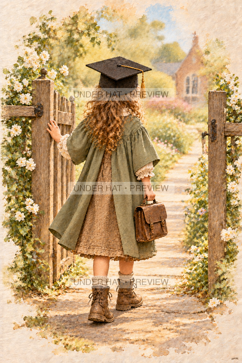 Seen from behind, a little girl in a square graduation cap and long dress pauses at an open garden gate with a small school satchel. (UH-TL-KGR-F-06) — watermarked digital art preview