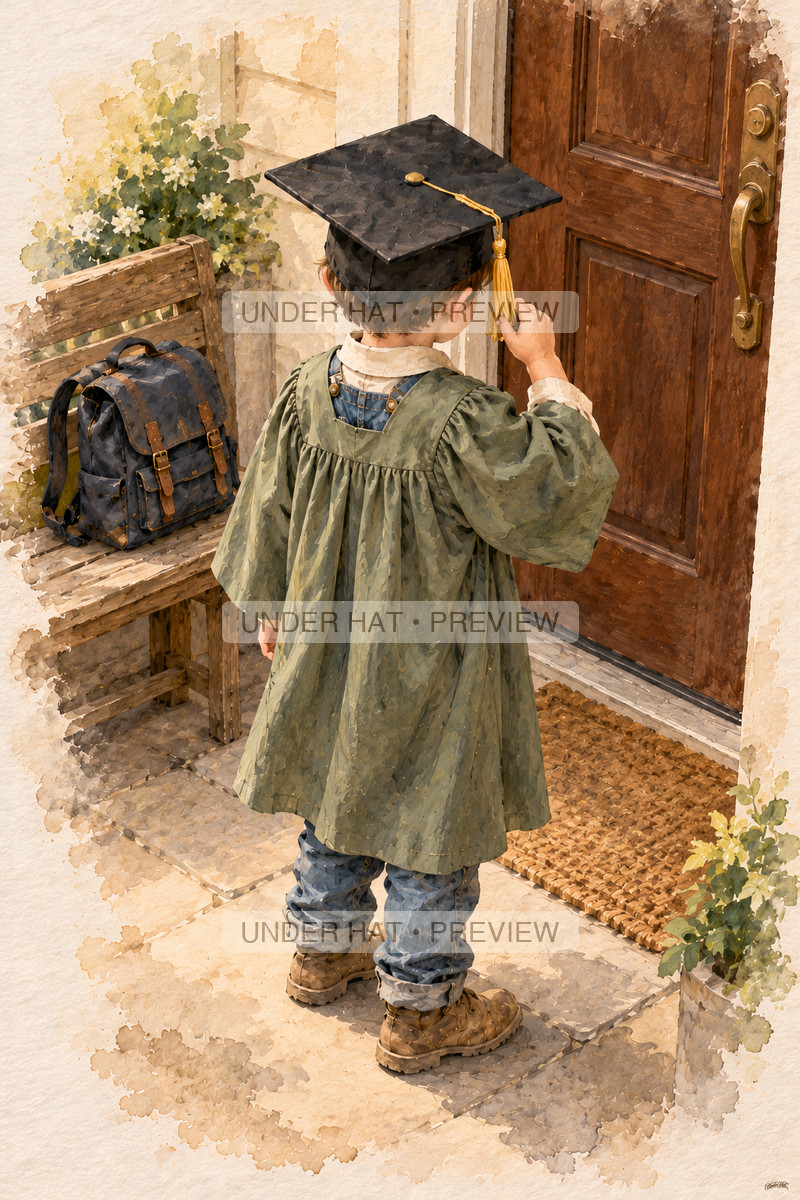 Seen from behind, a little boy in a square graduation cap and sage gown adjusts his gold tassel beside a front door and schoolbag. (UH-TL-KGR-M-01) — watermarked digital art preview