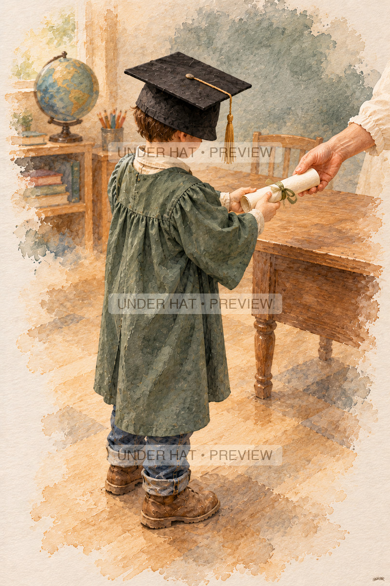 A little boy in a square graduation cap and sage gown receives a rolled certificate from a teacher hand across a low classroom table. (UH-TL-KGR-M-02) — watermarked digital art preview
