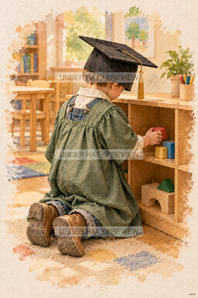 A little boy in a square graduation cap and sage gown kneels to return a wooden block to a classroom cubby. (UH-TL-KGR-M-03) — watermarked digital art preview