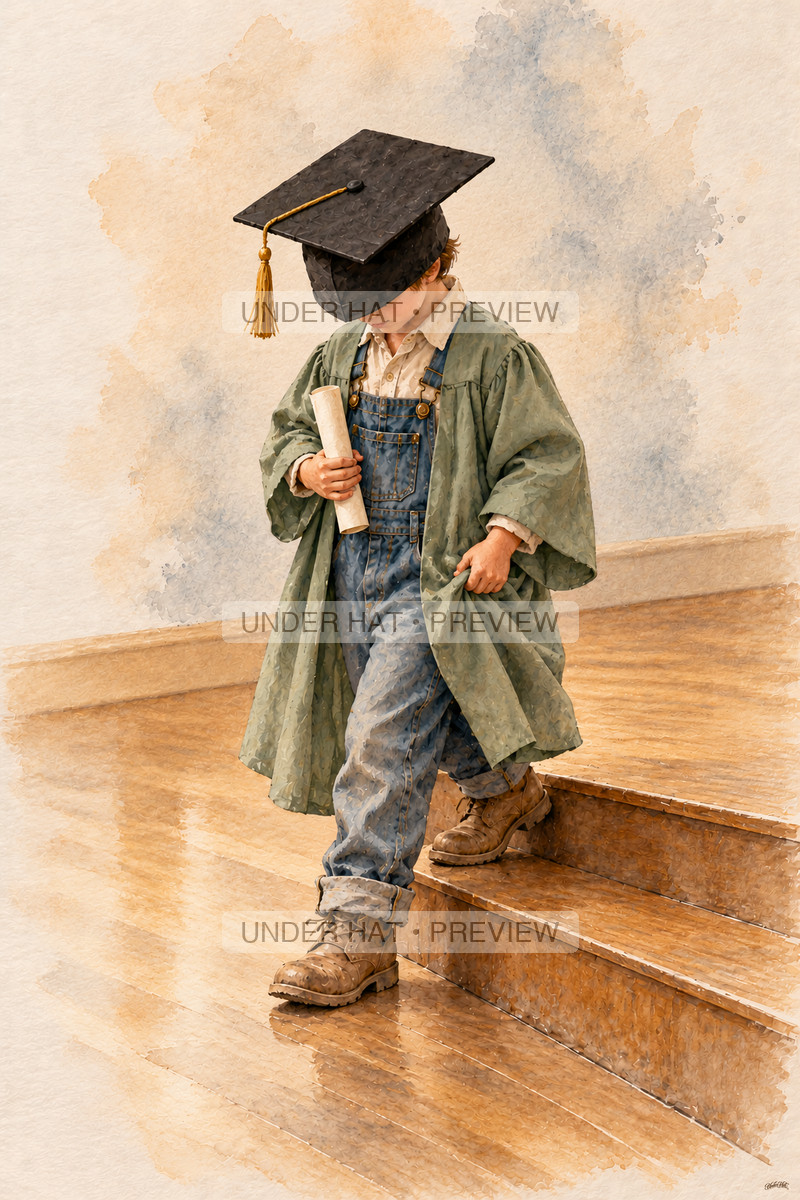 A little boy in a square graduation cap and sage gown carefully steps down from a low school stage while holding a rolled certificate. (UH-TL-KGR-M-04) — watermarked digital art preview