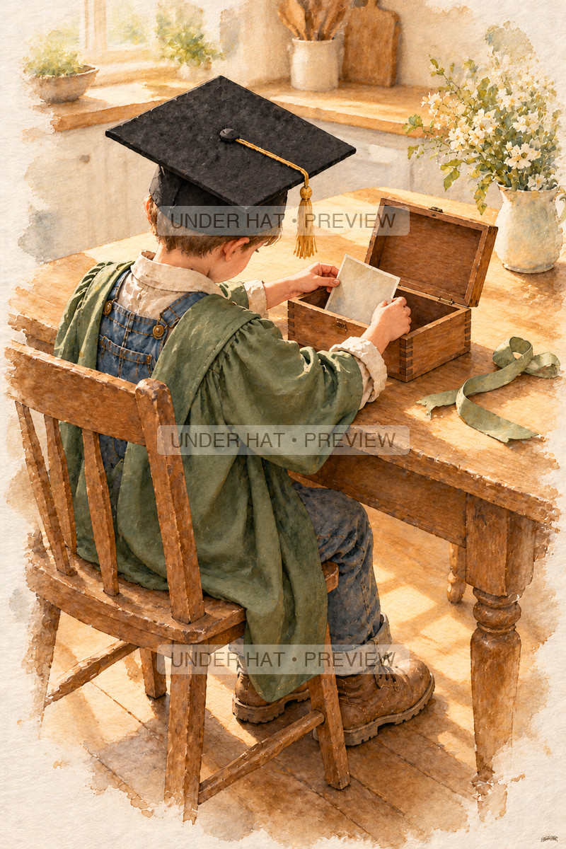 Seen over his shoulder, a little boy wearing his graduation cap places a face-down photograph into a wooden keepsake box at a kitchen table. (UH-TL-KGR-M-05) — watermarked digital art preview