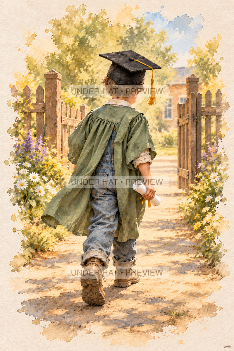 Seen from behind, a little boy in a square graduation cap and sage gown walks through a flower-lined school gate carrying his rolled certificate. (UH-TL-KGR-M-06) — watermarked digital art preview