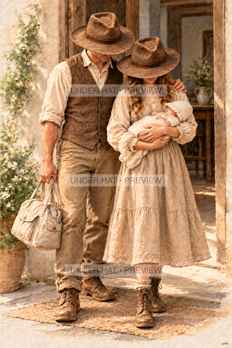 Parents in familiar brown hats stand in a home doorway; the mother cradles their bonneted infant in both arms while the father holds a small cloth bag. (UH-TL-NPA-C-01) — watermarked digital art preview
