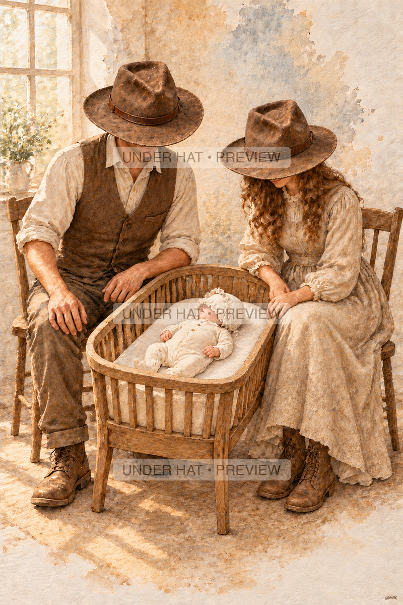 Two parents in brown hats sit beside a wooden cradle where one bonneted baby lies on its back, with warm window light across the room. (UH-TL-NPA-C-02) — watermarked digital art preview