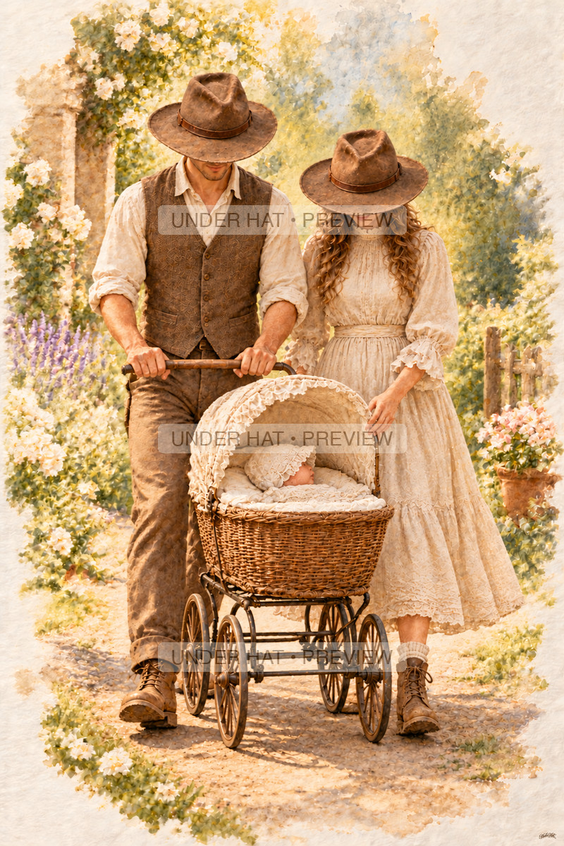 Parents in brown hats walk along a flowering garden path; the father pushes a wicker bassinet pram while the mother walks beside their bonneted baby. (UH-TL-NPA-C-03) — watermarked digital art preview