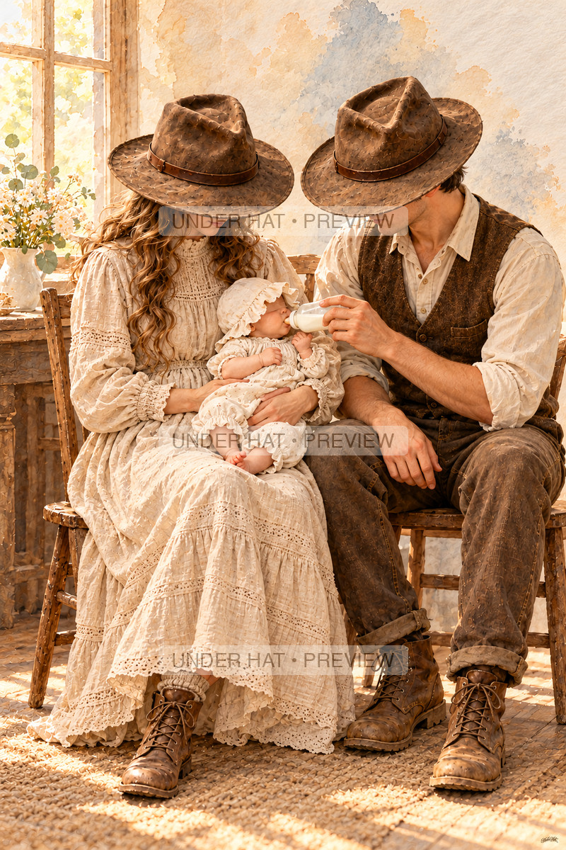 Seated beside a window, a mother in a long linen dress supports her bonneted infant while the father gently holds a feeding bottle to the baby’s mouth. (UH-TL-NPA-C-04) — watermarked digital art preview