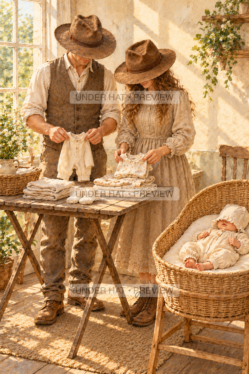 Parents in brown hats fold tiny garments at a sunny wooden table while their bonneted infant lies nearby in a wicker bassinet. (UH-TL-NPA-C-05) — watermarked digital art preview