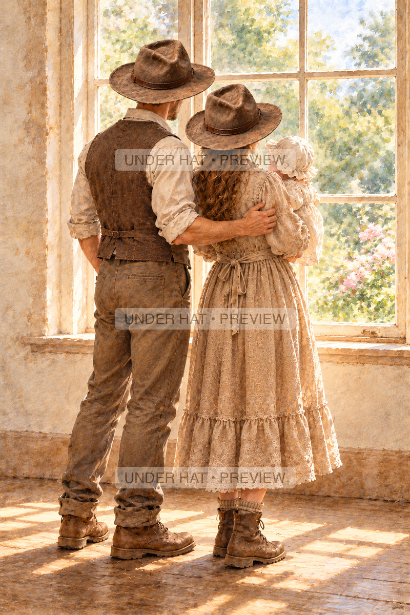 Seen from behind, parents in brown hats stand together at a sunlit window; the mother holds their bonneted baby close while the father rests a hand on her upper arm. (UH-TL-NPA-C-06) — watermarked digital art preview