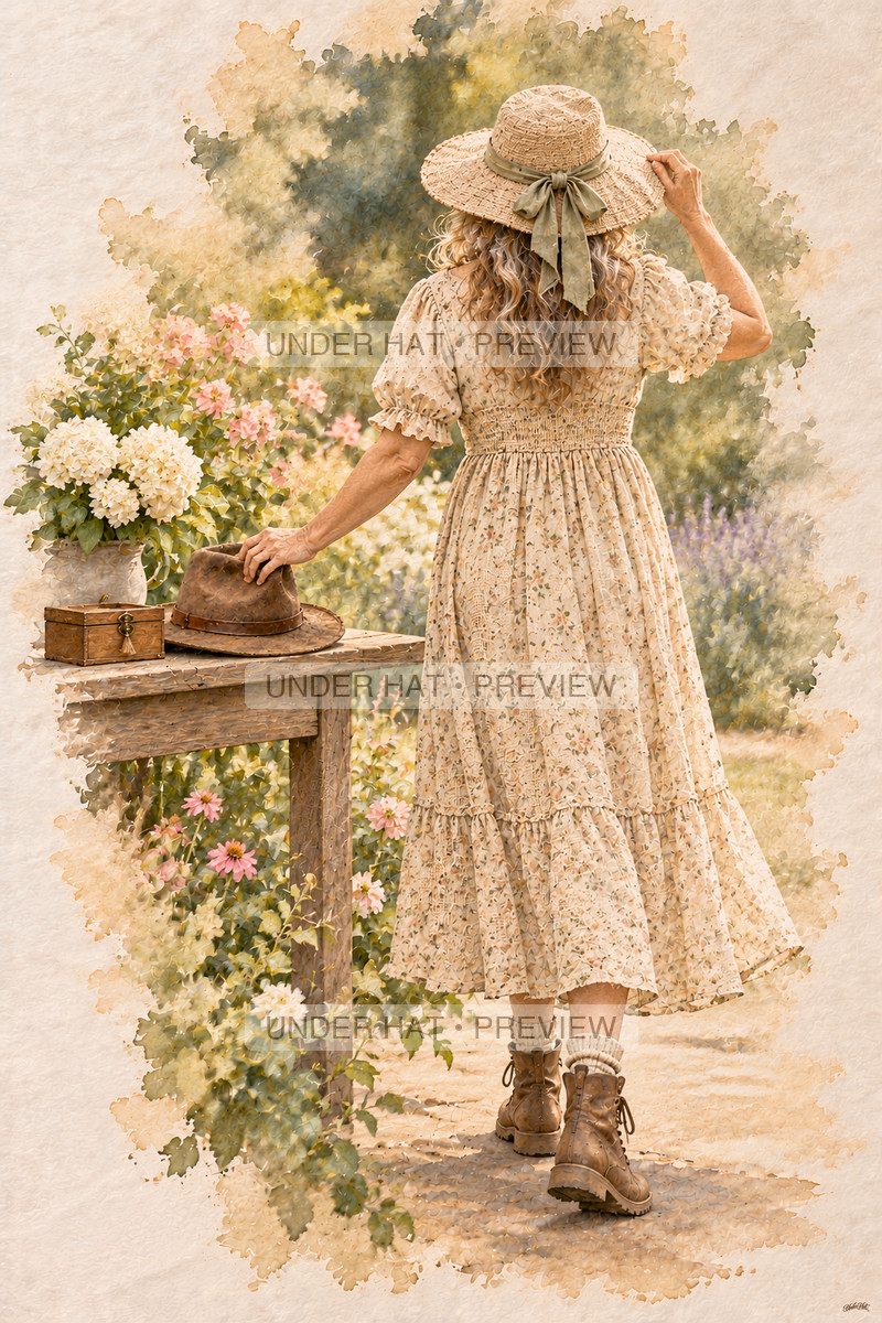A mature woman seen from behind adjusts her straw garden hat while resting a hand on her brown work hat beside a keepsake box. (UH-TL-RET-F-01) — watermarked digital art preview
