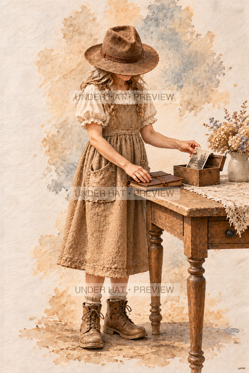 A mature woman in a brown hat and long dress places a photograph in a small wooden box beside a closed notebook. (UH-TL-RET-F-02) — watermarked digital art preview