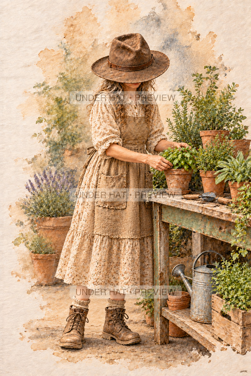 A mature woman in a brown hat and long dress tends potted herbs at a garden bench. (UH-TL-RET-F-03) — watermarked digital art preview