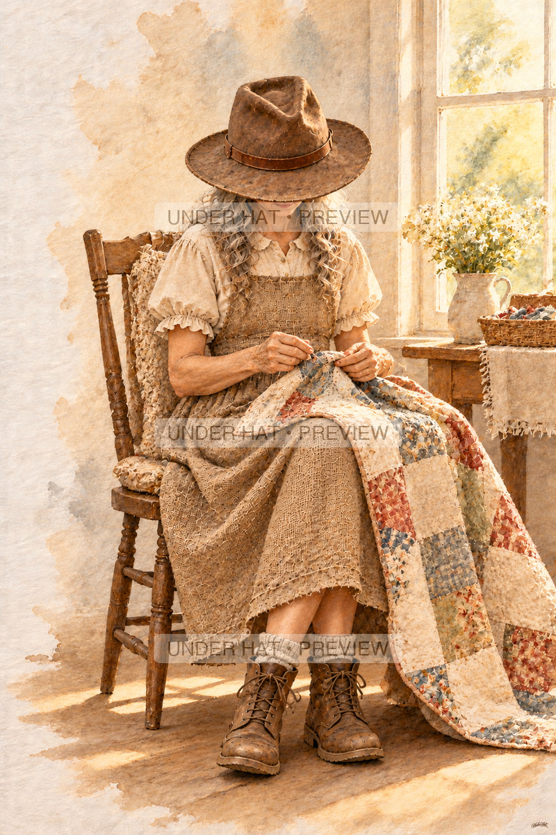 A silver-haired woman in a brown hat and long dress sits by a window sewing a patchwork quilt. (UH-TL-RET-F-04) — watermarked digital art preview