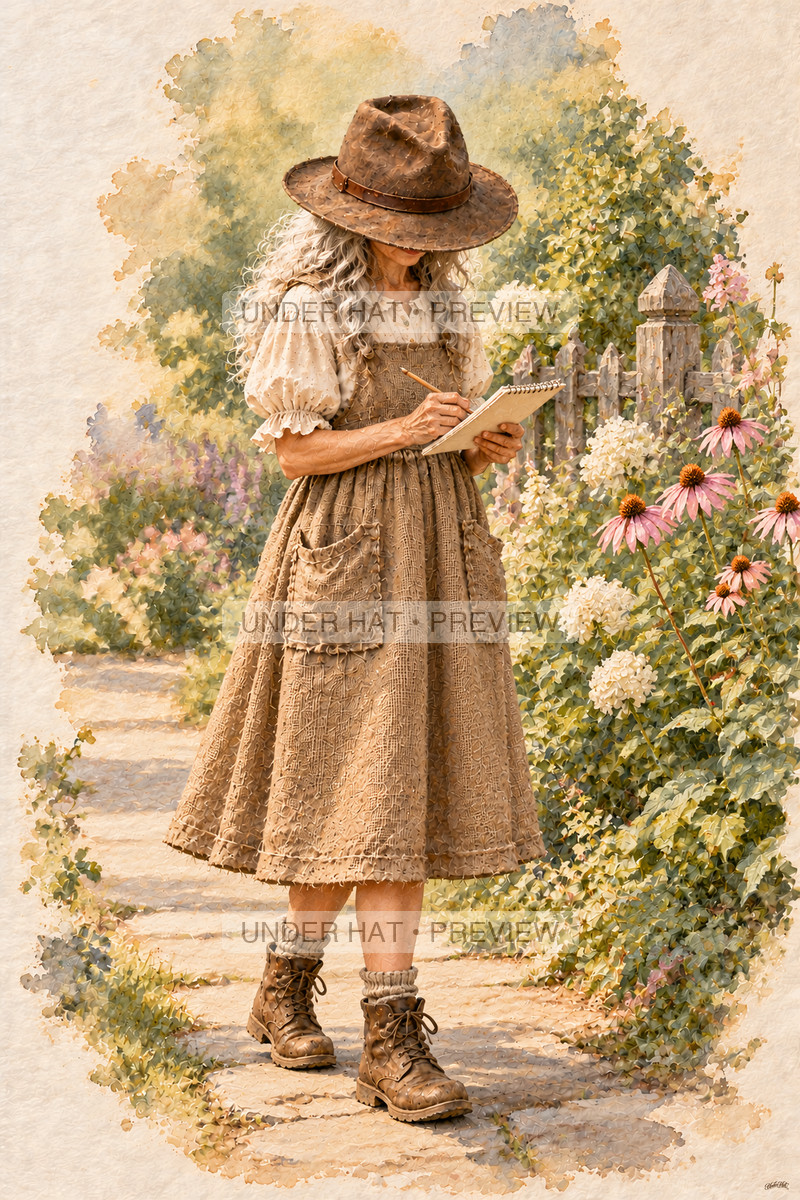 A silver-haired woman in a brown hat sketches flowers in a notebook on a garden path. (UH-TL-RET-F-05) — watermarked digital art preview