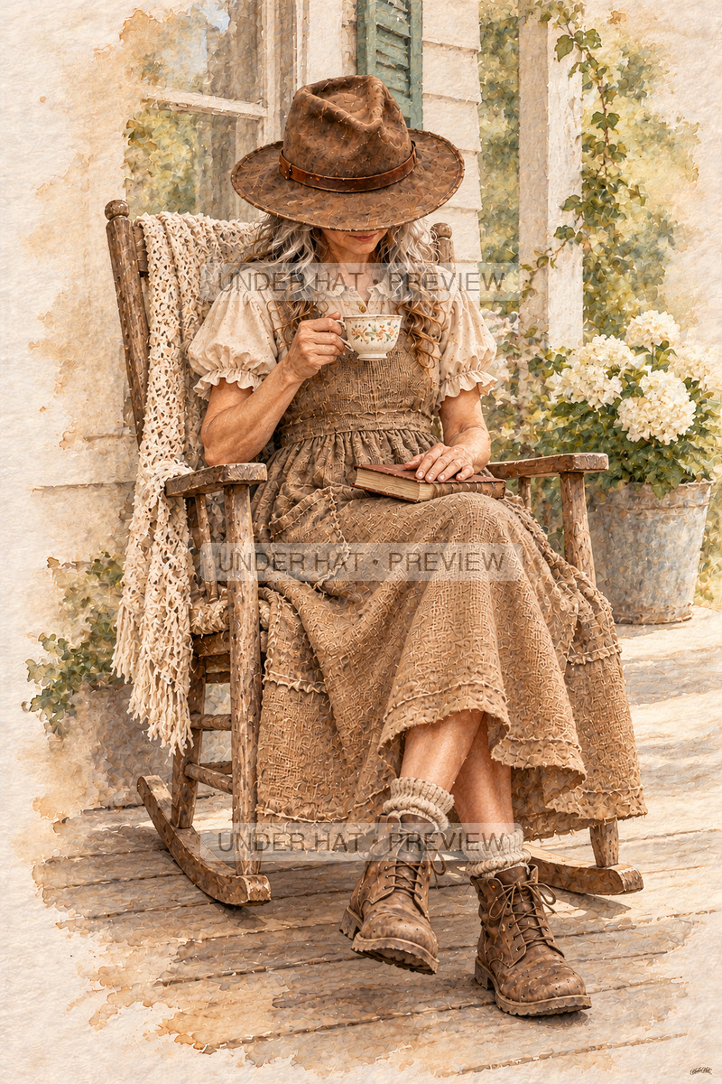 A mature woman in a brown hat and long dress rests in a porch rocking chair with a teacup and closed book. (UH-TL-RET-F-06) — watermarked digital art preview