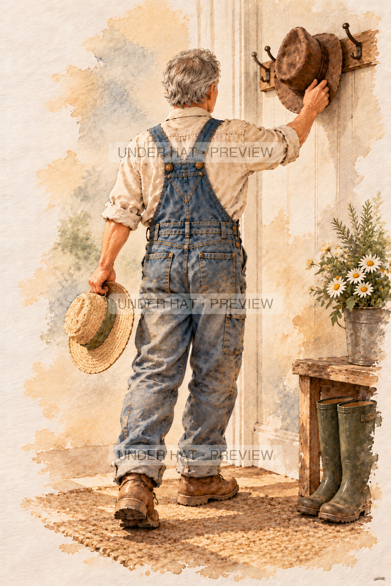 A gray-haired man seen from behind hangs his brown work hat on a wall peg while holding a straw gardening hat. (UH-TL-RET-M-01) — watermarked digital art preview