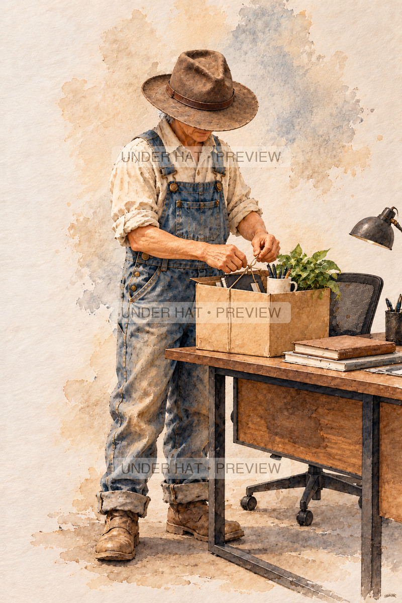 An older man in a brown brimmed hat and denim overalls ties twine around a box of office belongings. (UH-TL-RET-M-02) — watermarked digital art preview