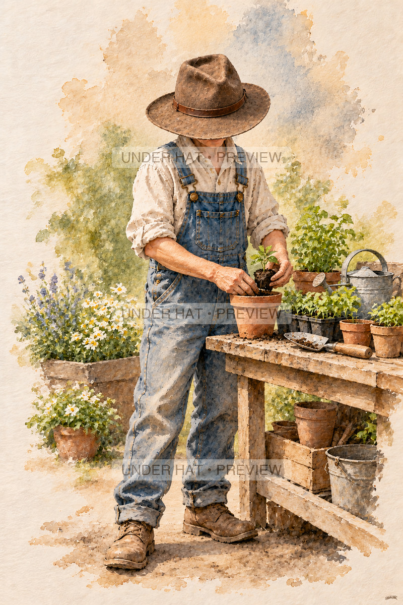 An older man in a brown hat pots a young seedling at a garden workbench. (UH-TL-RET-M-03) — watermarked digital art preview