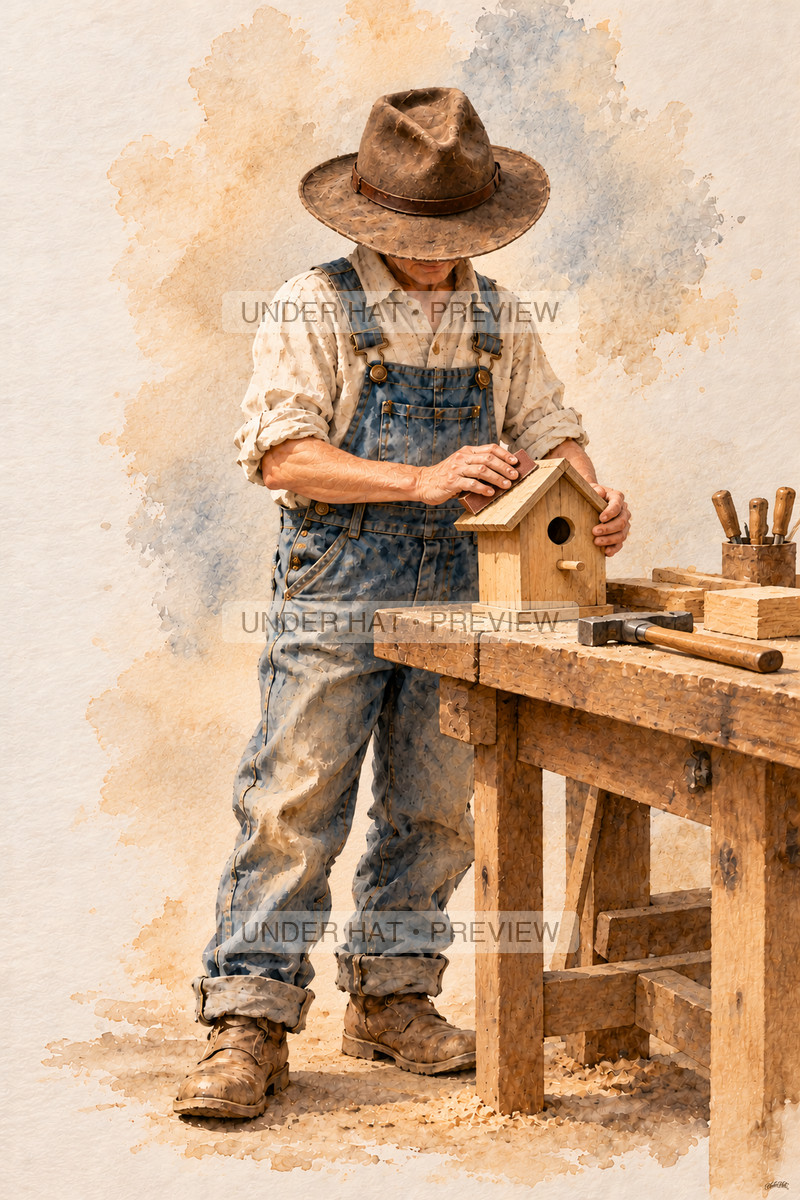 An older man in a brown hat sands the roof of a wooden birdhouse at a workbench. (UH-TL-RET-M-04) — watermarked digital art preview