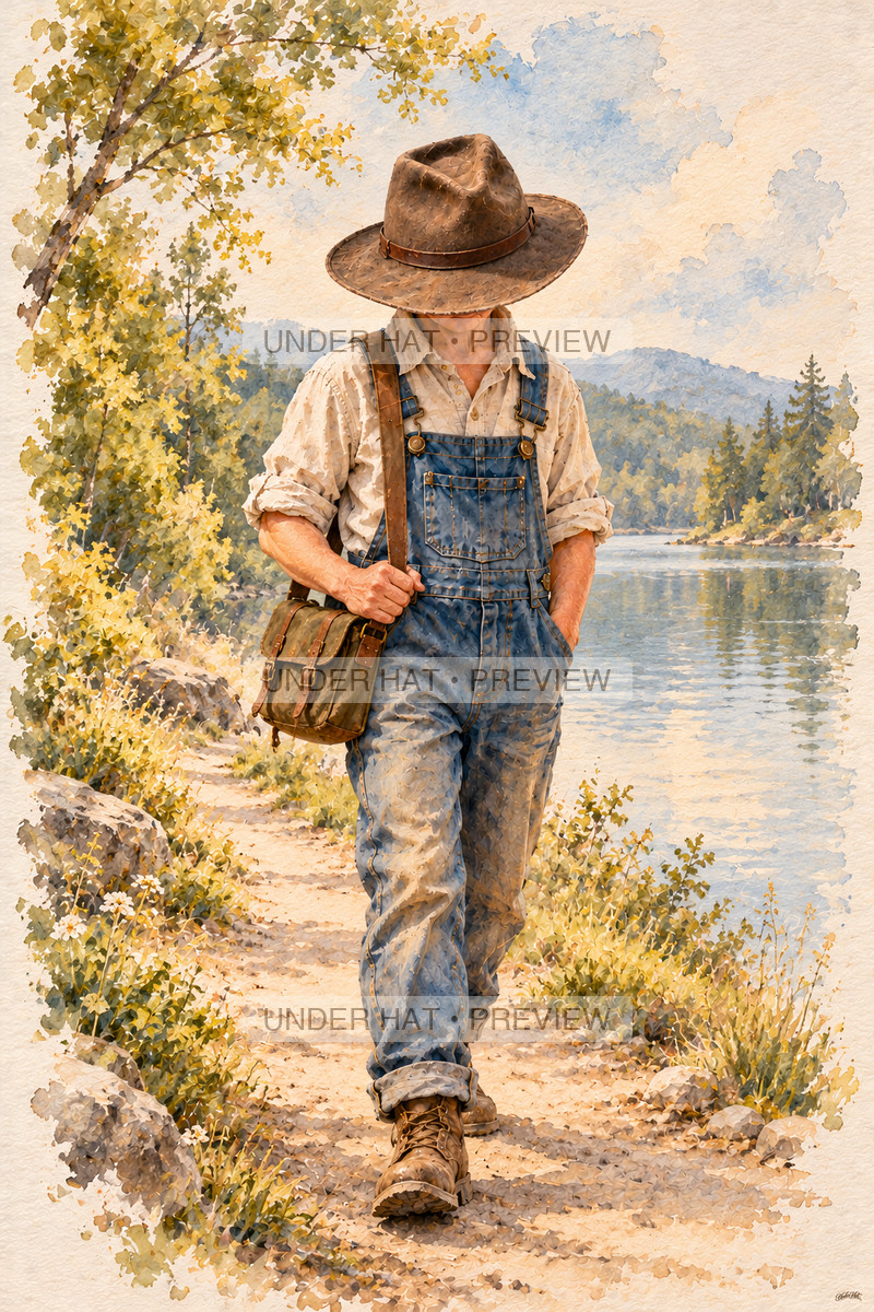 An older man in a brown hat and denim overalls walks beside a lake carrying a leather satchel. (UH-TL-RET-M-05) — watermarked digital art preview