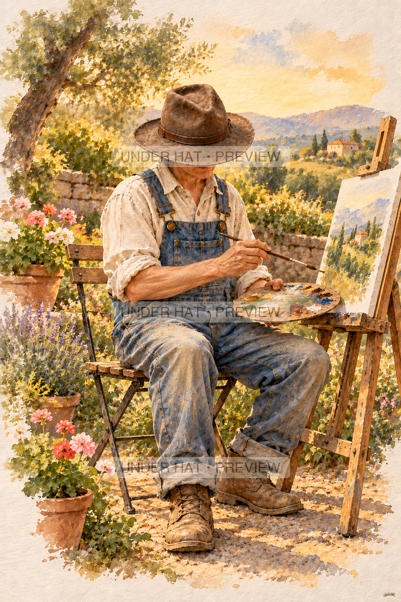 An older man in a brown hat sits at a garden easel painting a small landscape. (UH-TL-RET-M-06) — watermarked digital art preview