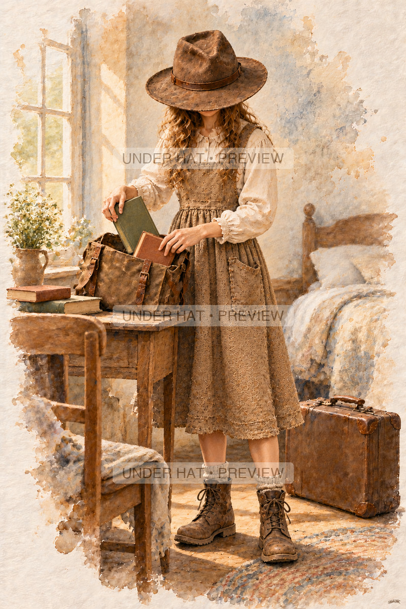 A young woman in a brown hat and long pinafore dress packs two books into a satchel beside a closed suitcase. (UH-TL-SCO-F-01) — watermarked digital art preview