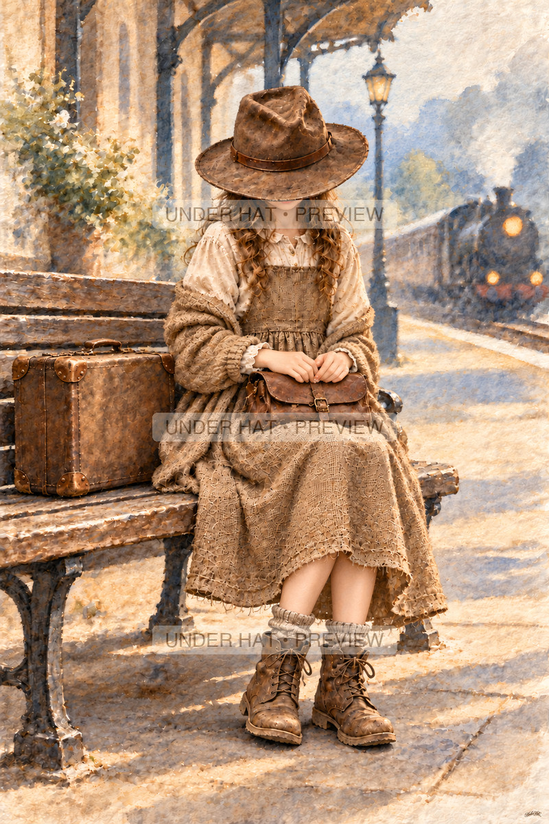 A young woman in a brown hat, cardigan and long dress sits on a station bench with a satchel on her lap and a suitcase beside her. (UH-TL-SCO-F-02) — watermarked digital art preview