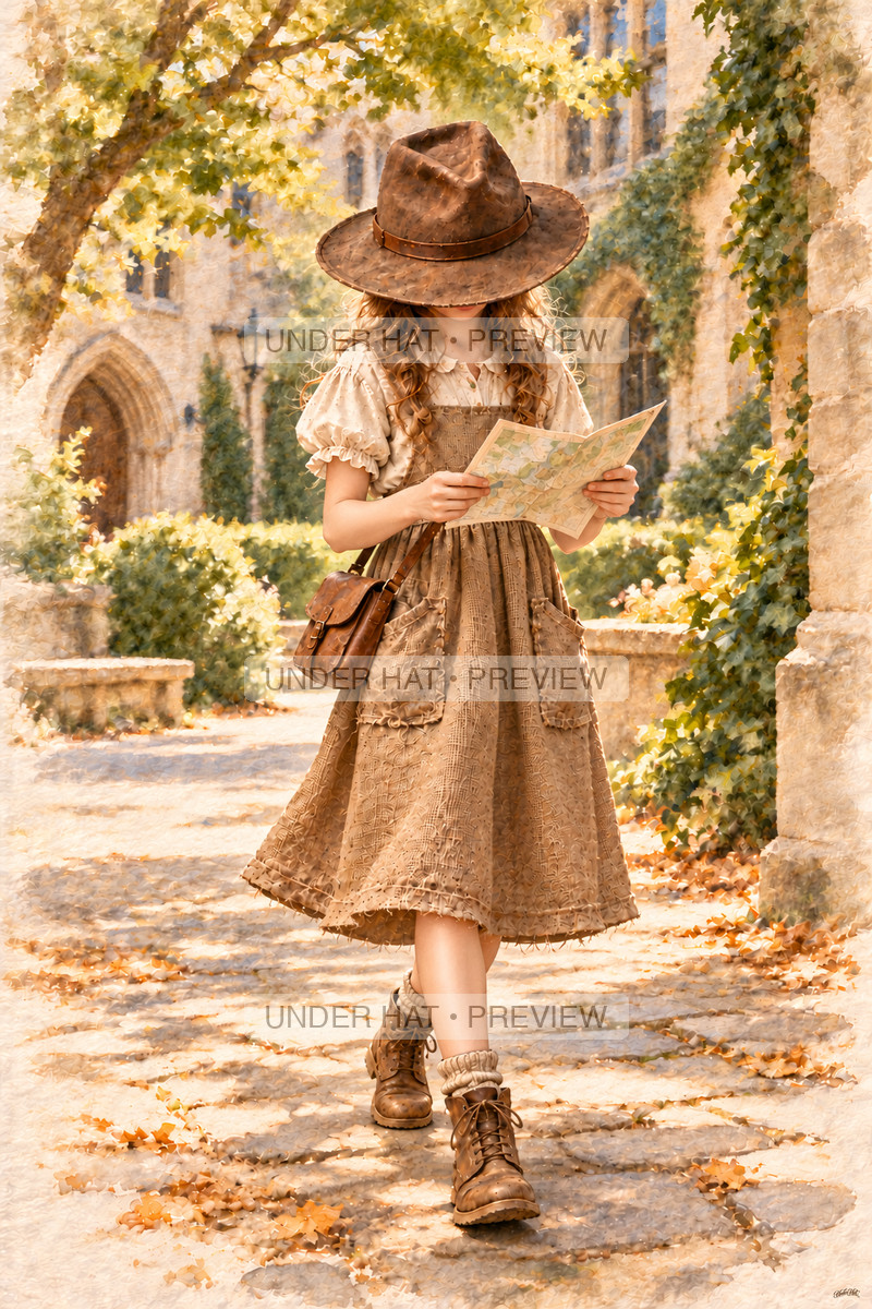 A young woman in a brown hat and below-knee dress walks across a leafy college courtyard while studying a folded map. (UH-TL-SCO-F-03) — watermarked digital art preview