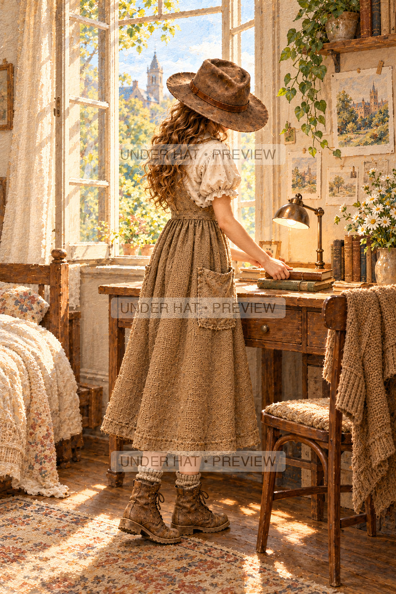 Seen from behind, a young woman in a brown hat and long dress arranges books beside a lamp at her sunlit student desk. (UH-TL-SCO-F-04) — watermarked digital art preview