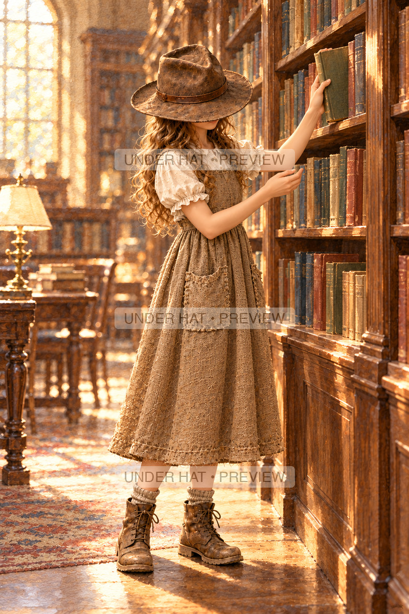 A young woman in a brown hat and long dress reaches for a clothbound book on a college library shelf. (UH-TL-SCO-F-05) — watermarked digital art preview